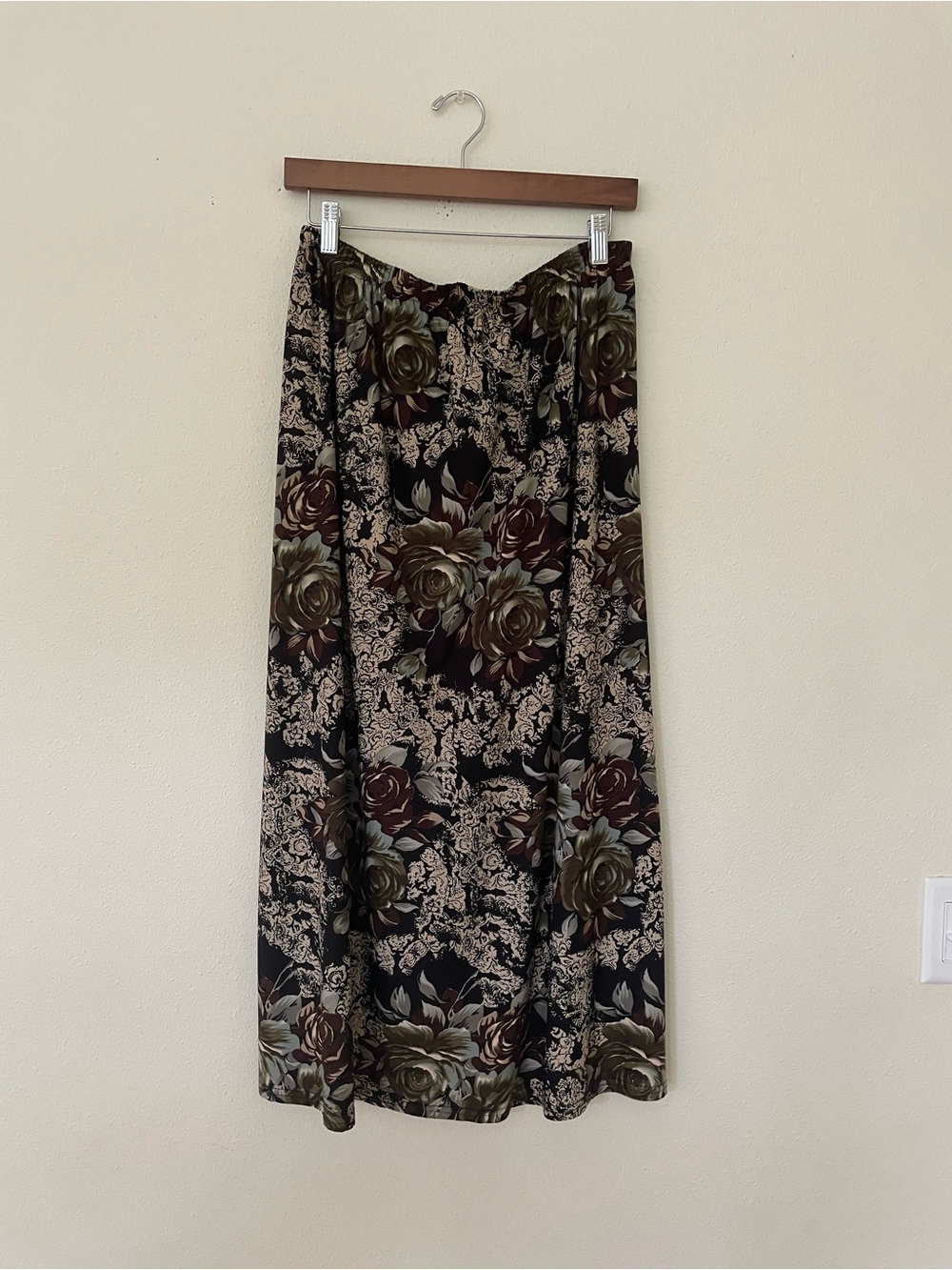 California Krush Floral Maxi Skirt with Olive/Brown Rose Print #76